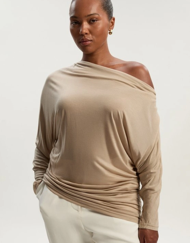 Plus Size Tencel Ruched Asymmetric Neck Long Sleeve Top