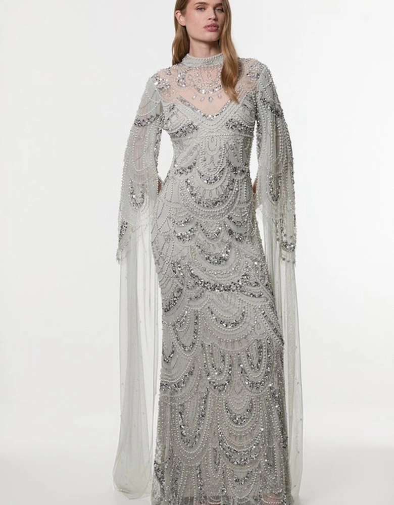 Premium Beaded Embellished Woven Midaxi Cape Dress
