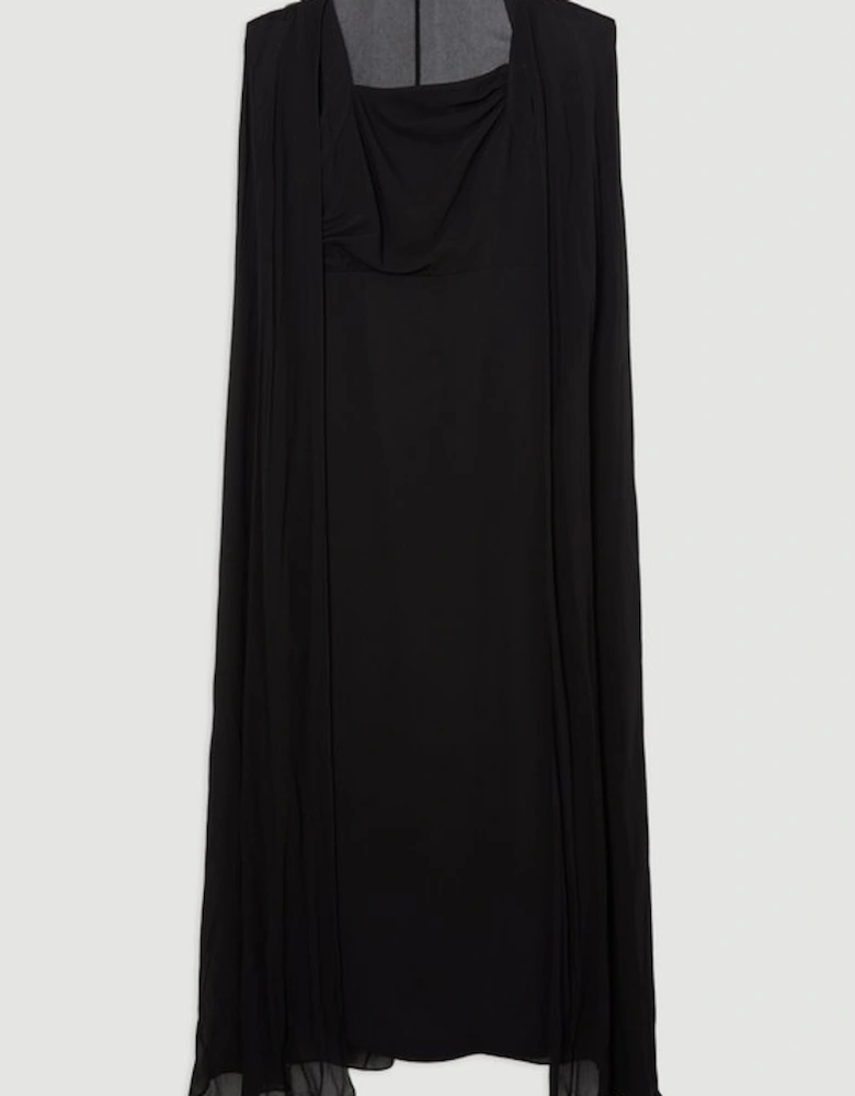 Viscose Cady Backless Bodycon Maxi Dress With Detachable Viscose Georgette Cape
