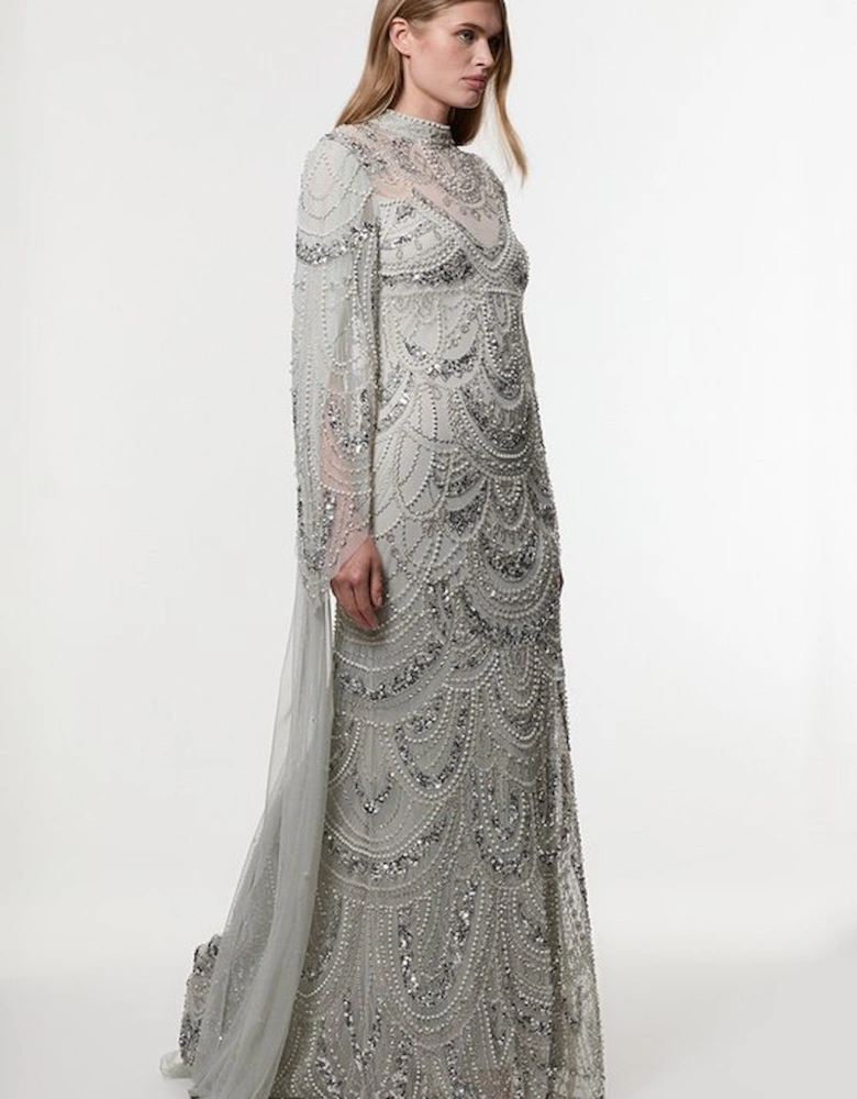 Premium Beaded Embellished Woven Midaxi Cape Dress