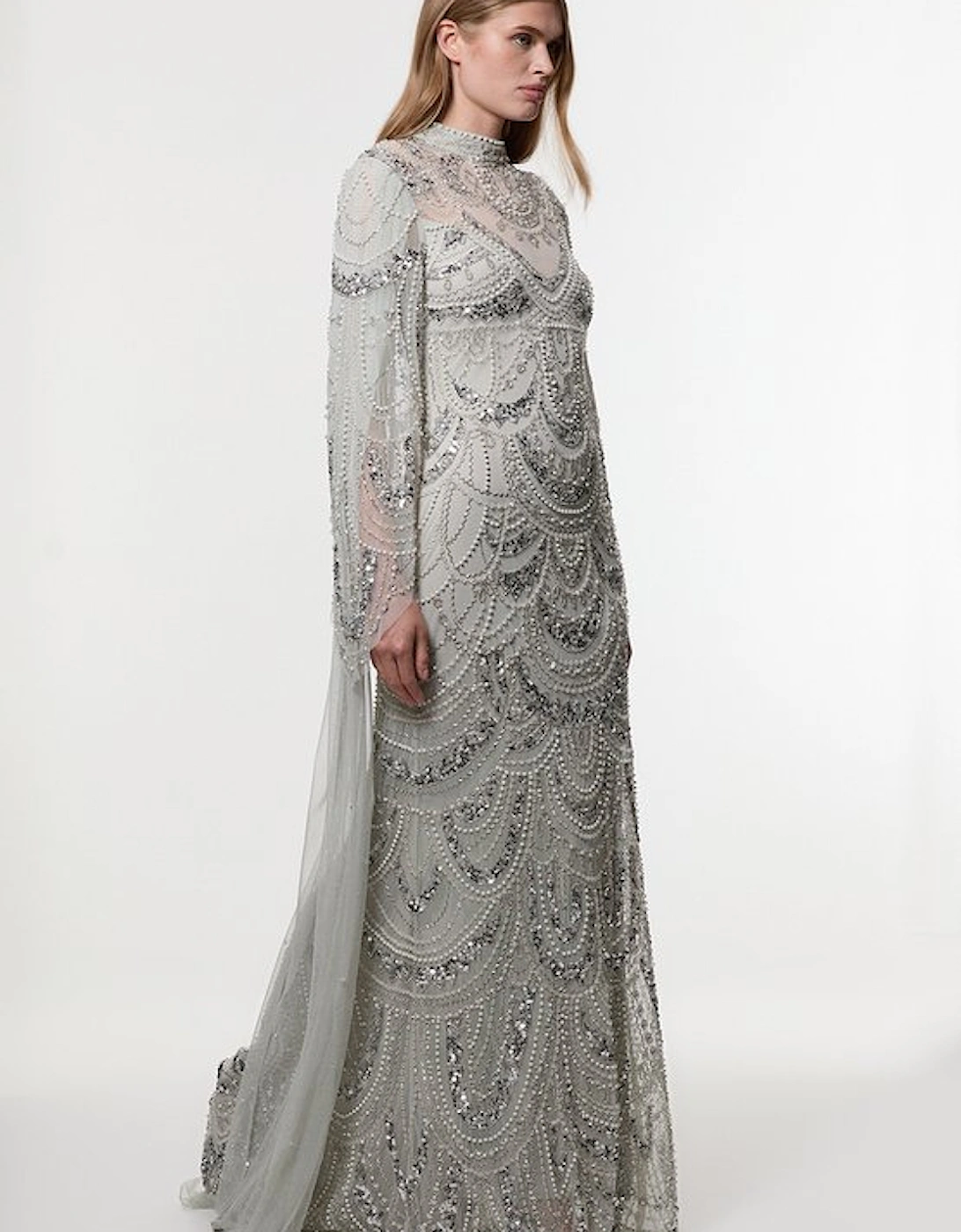 Premium Beaded Embellished Woven Midaxi Cape Dress