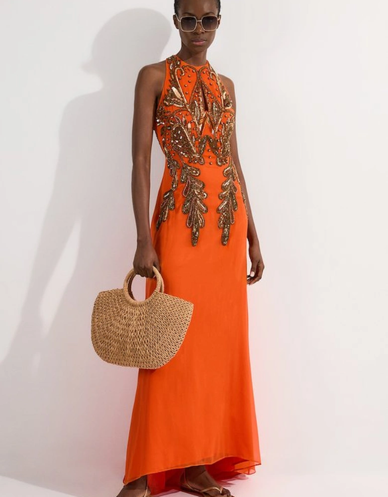 Tall Halter Neck Bugle Bead Detail Woven Maxi Dress