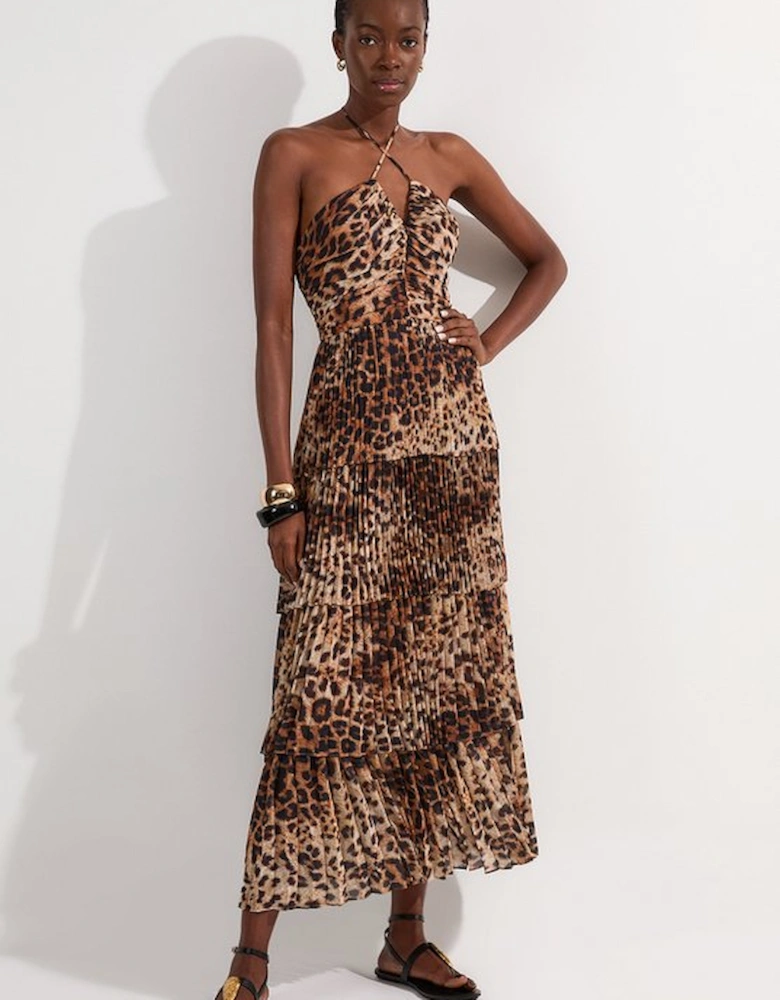 Animal Georgette Crinkle Tiered Halterneck Midi Dress
