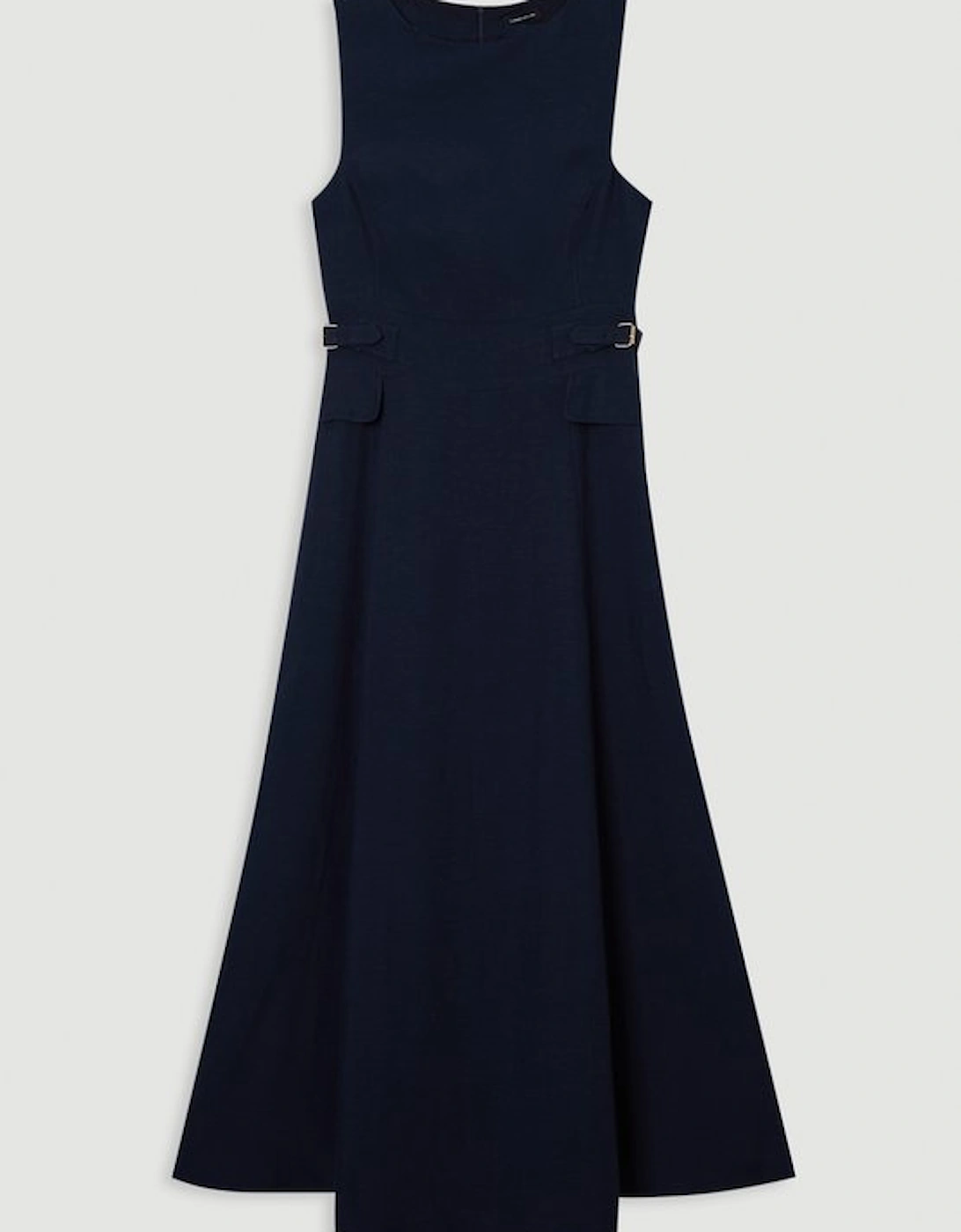 Premium Tailored Linen Buckle Detail Full Skirt Midi Dress