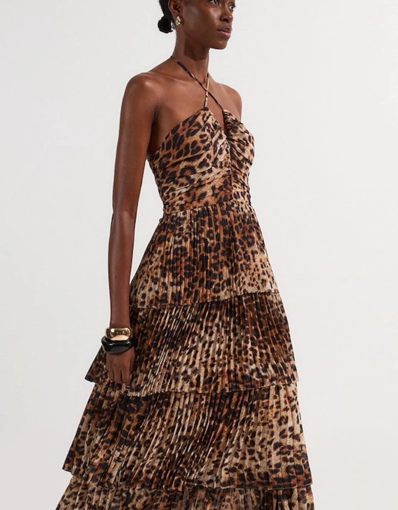 Animal Georgette Crinkle Tiered Halterneck Midi Dress