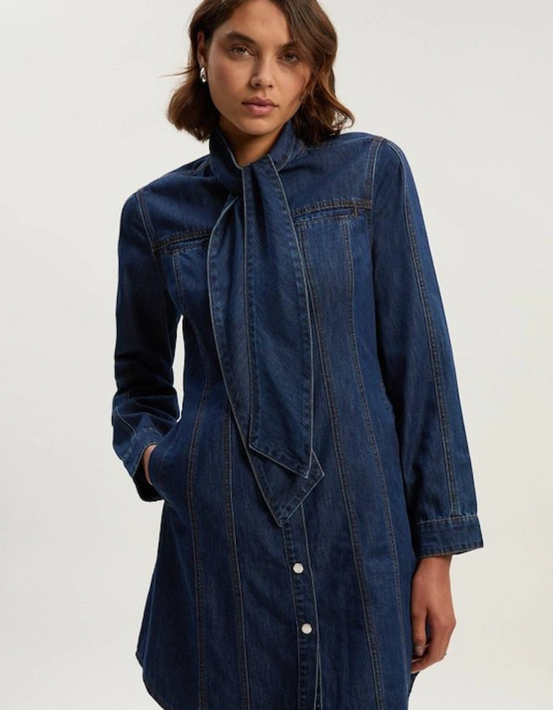 Denim Pussy Bow Shirt Dress