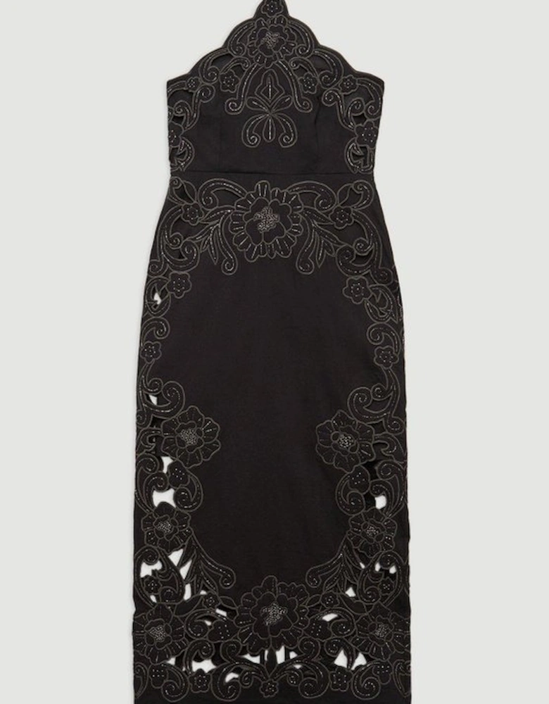 Cotton Quilted Cutwork Beaded Woven Halter Midi Dress