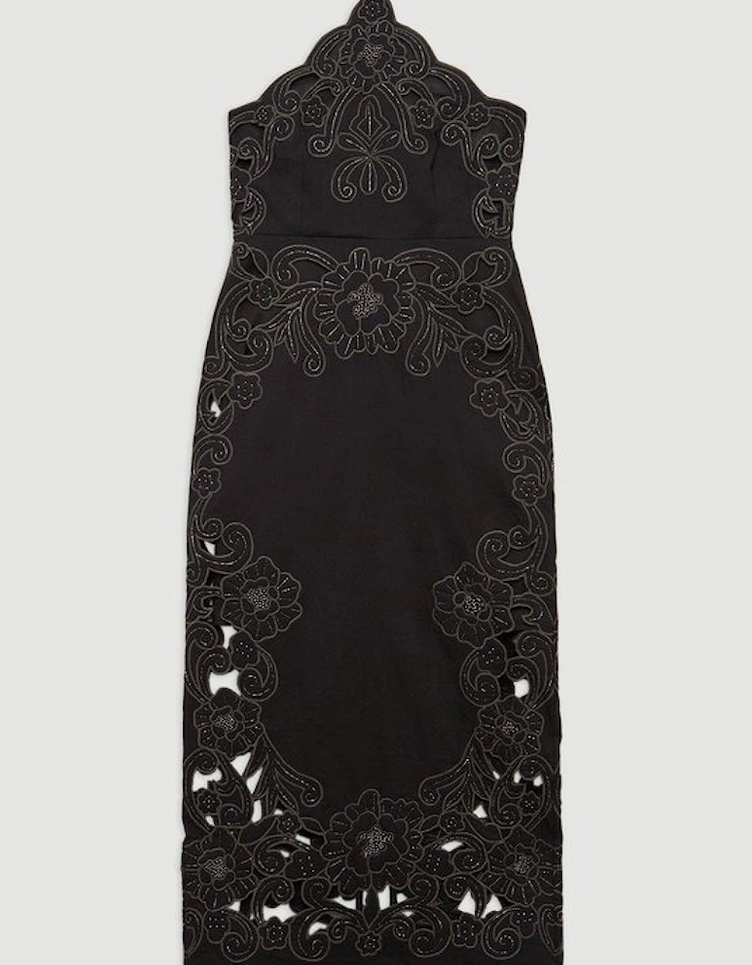 Cotton Quilted Cutwork Beaded Woven Halter Midi Dress