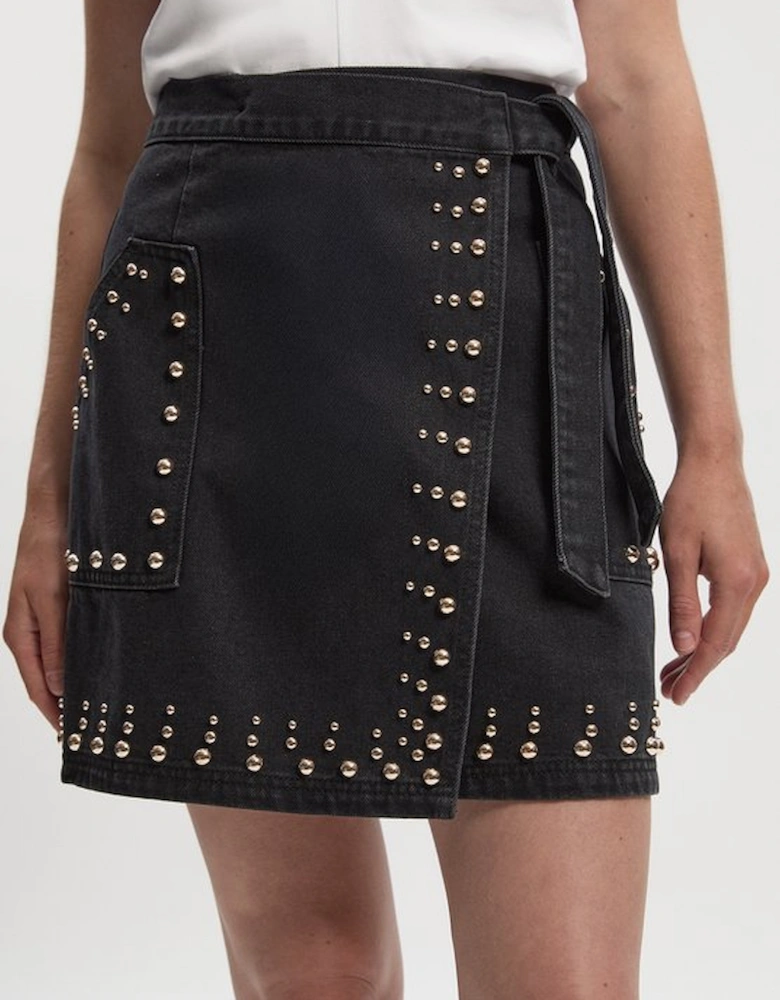Denim Studded Wrap Mini Skirt