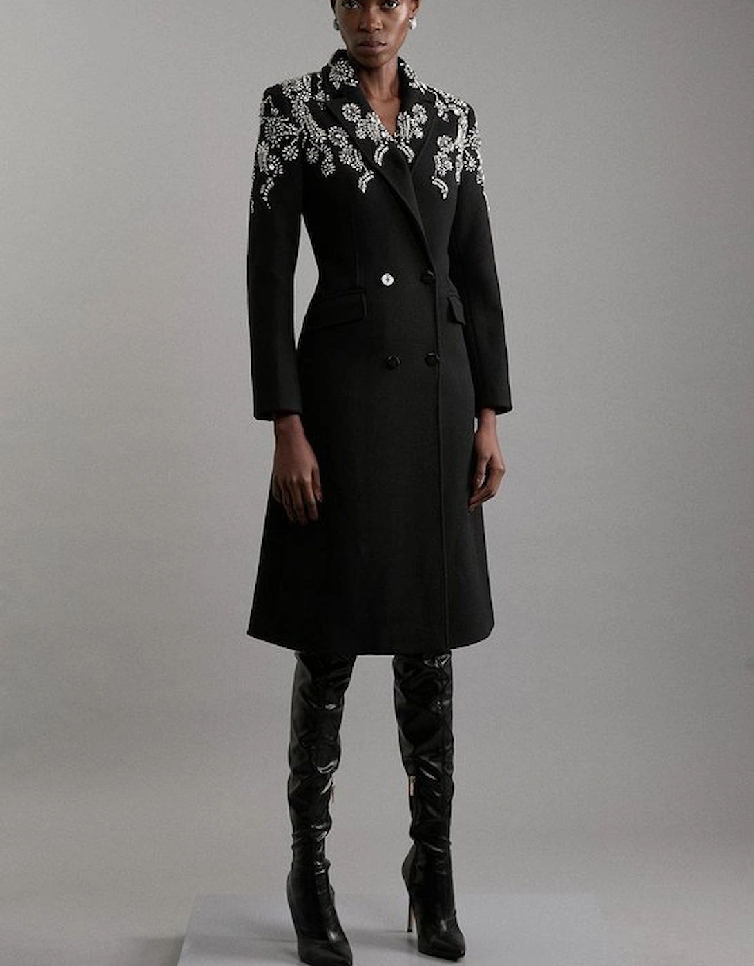 Tailored Wool Embellished Double Breasted Midi Coat