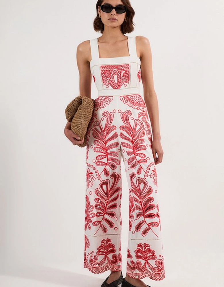 Petite Cutwork Embroidered Wide Leg Woven Jumpsuit