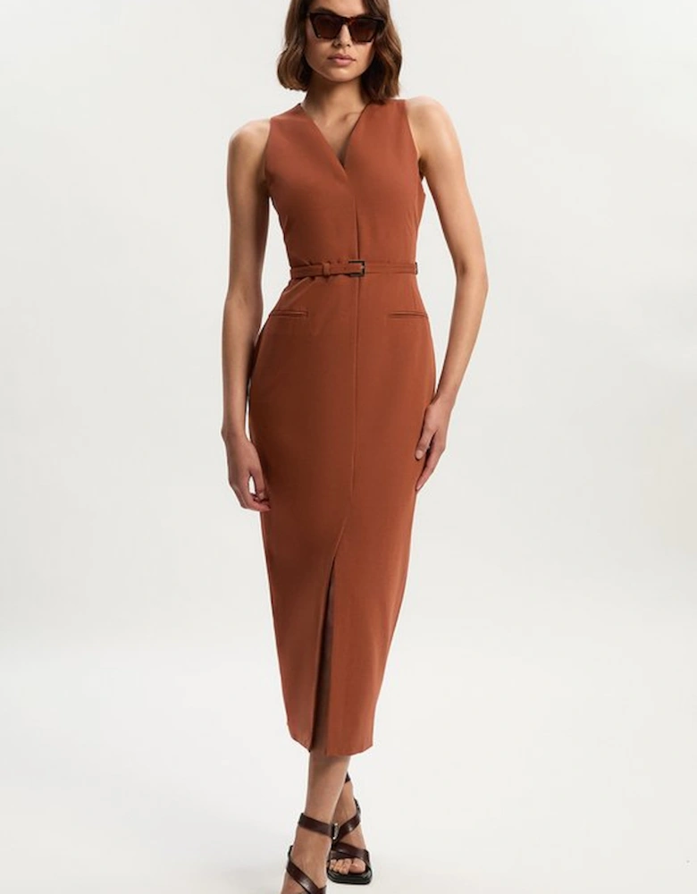 Tailored Twill Essential Sleeveless Belted Pencil Maxi Dress