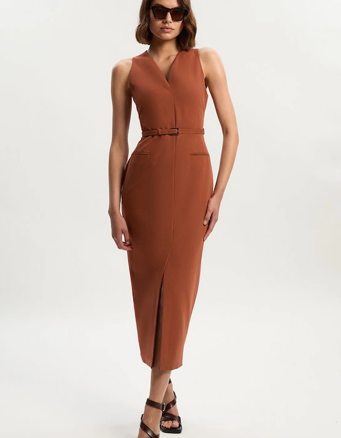 Tailored Twill Essential Sleeveless Belted Pencil Maxi Dress, 5 of 4