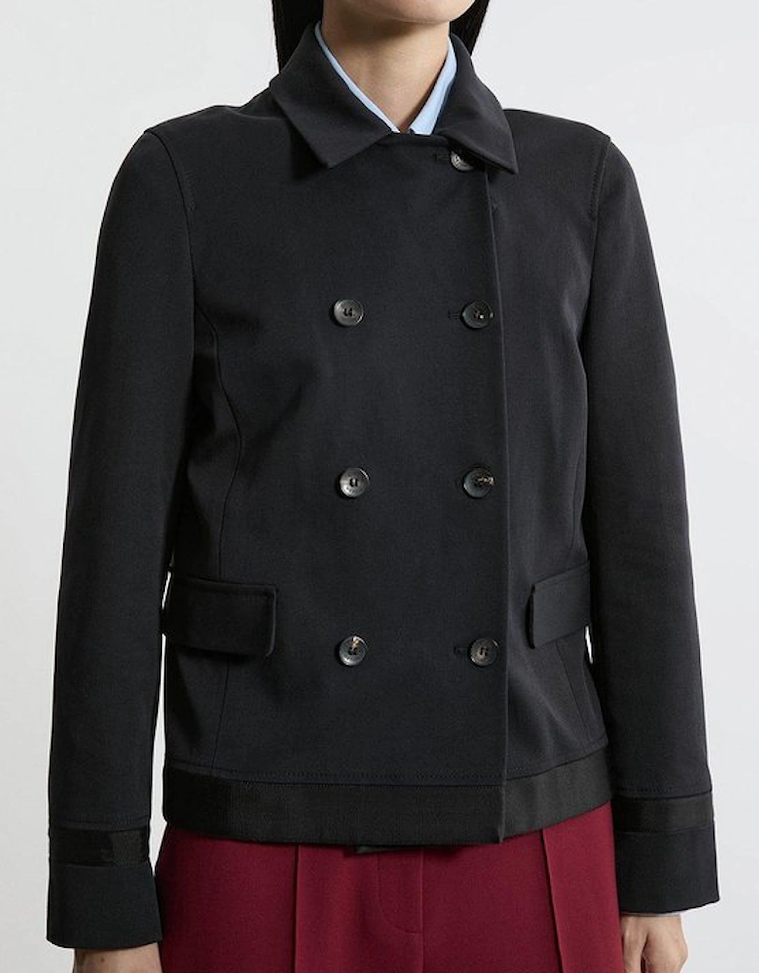 Compact Stretch Collared Double Breasted Grosgrain Blazer Jacket