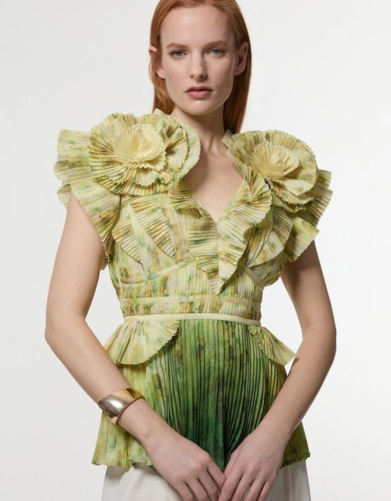 Crinkle Pleat Border Print Blouse With Rosette Detail