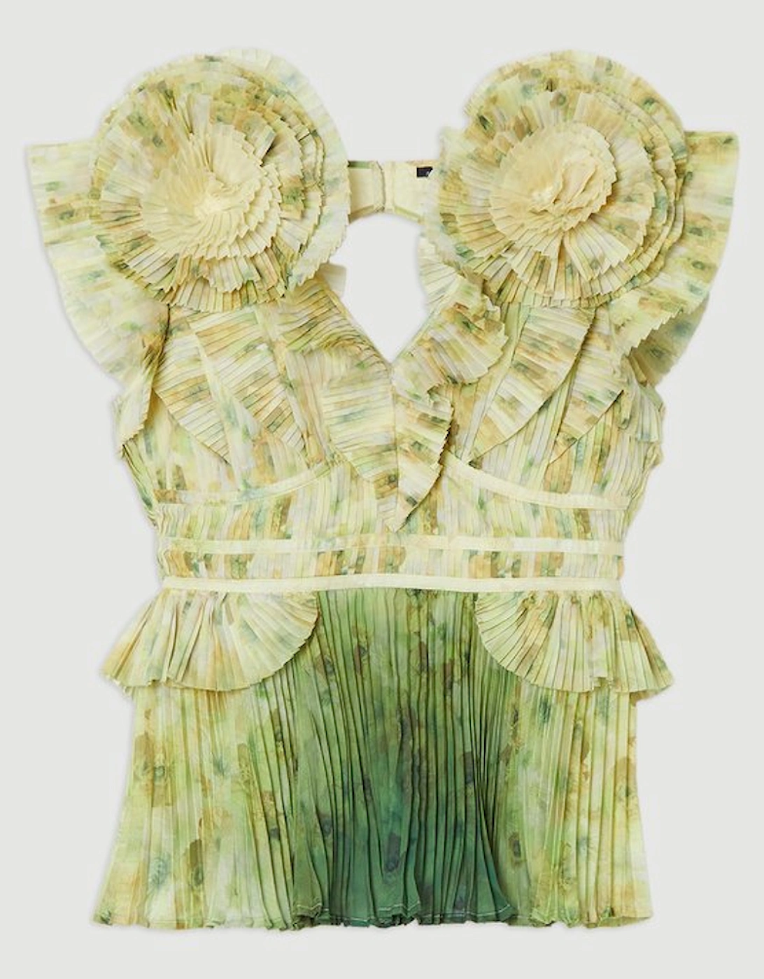 Crinkle Pleat Border Print Blouse With Rosette Detail