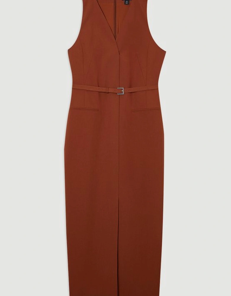 Tailored Twill Essential Sleeveless Belted Pencil Maxi Dress