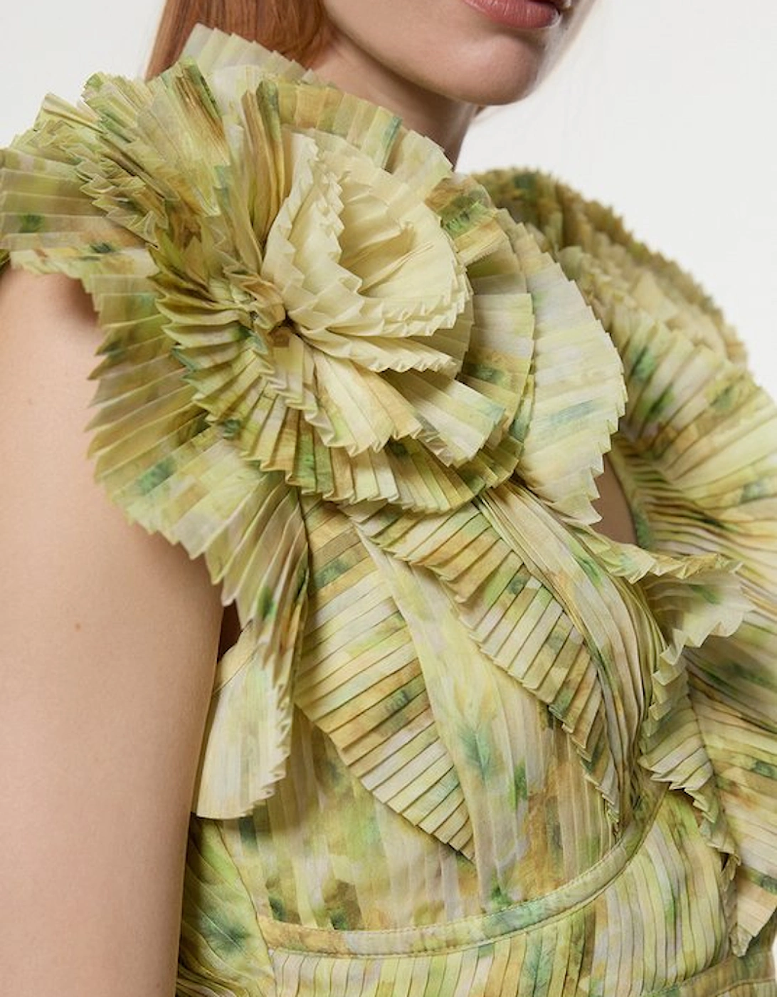 Crinkle Pleat Border Print Blouse With Rosette Detail