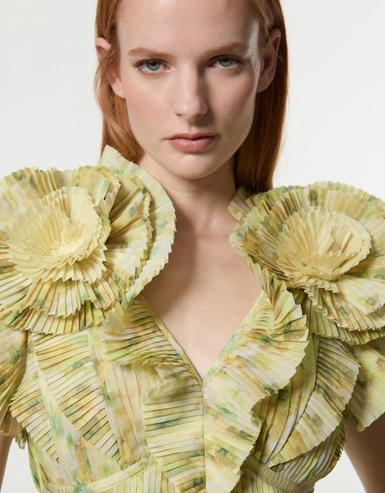 Crinkle Pleat Border Print Blouse With Rosette Detail