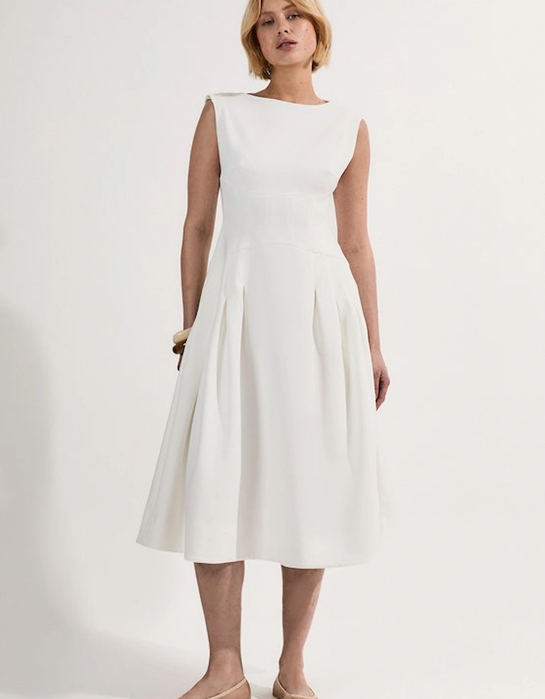 Compact Stretch Open Back Full Skirted Tailored Midi Dress