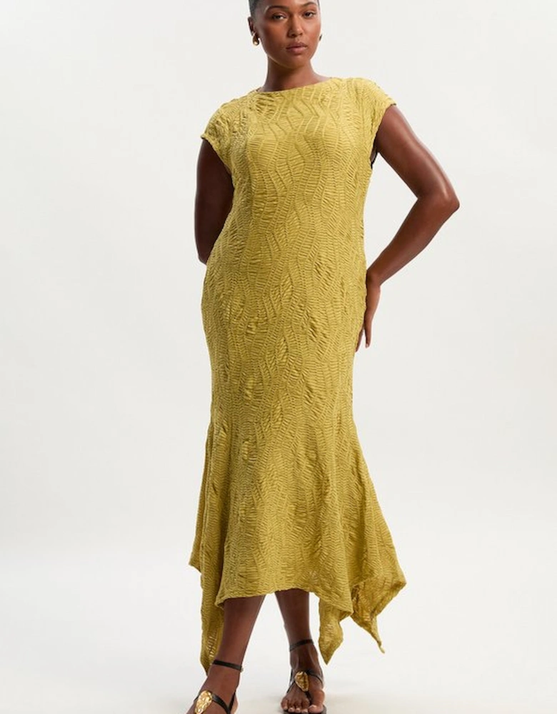 Plus Size Textured Hanky Hem Short Sleeve Trim Detail Jersey Maxi Dress