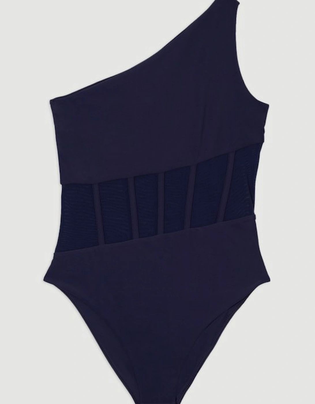 One Shoulder Ribbed Mesh Detail Swimsuit