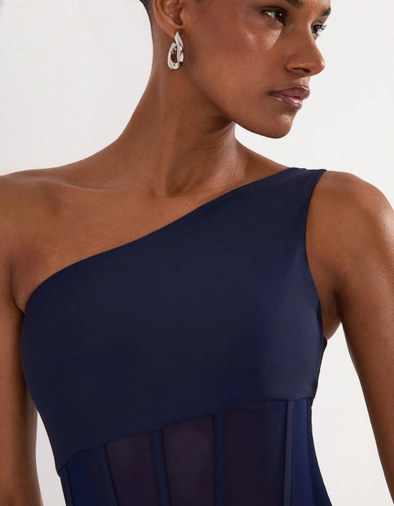 One Shoulder Ribbed Mesh Detail Swimsuit