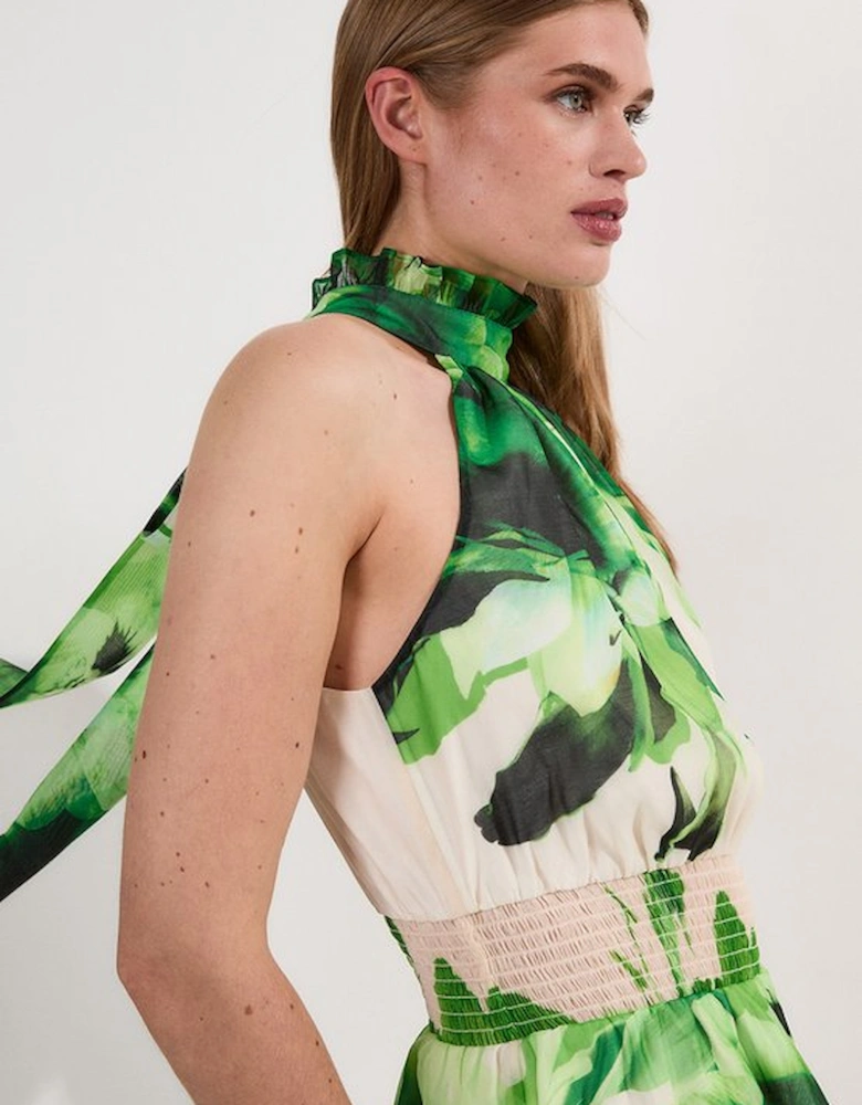 Petite Floral Organdie Woven Belted Halterneck Maxi Dress