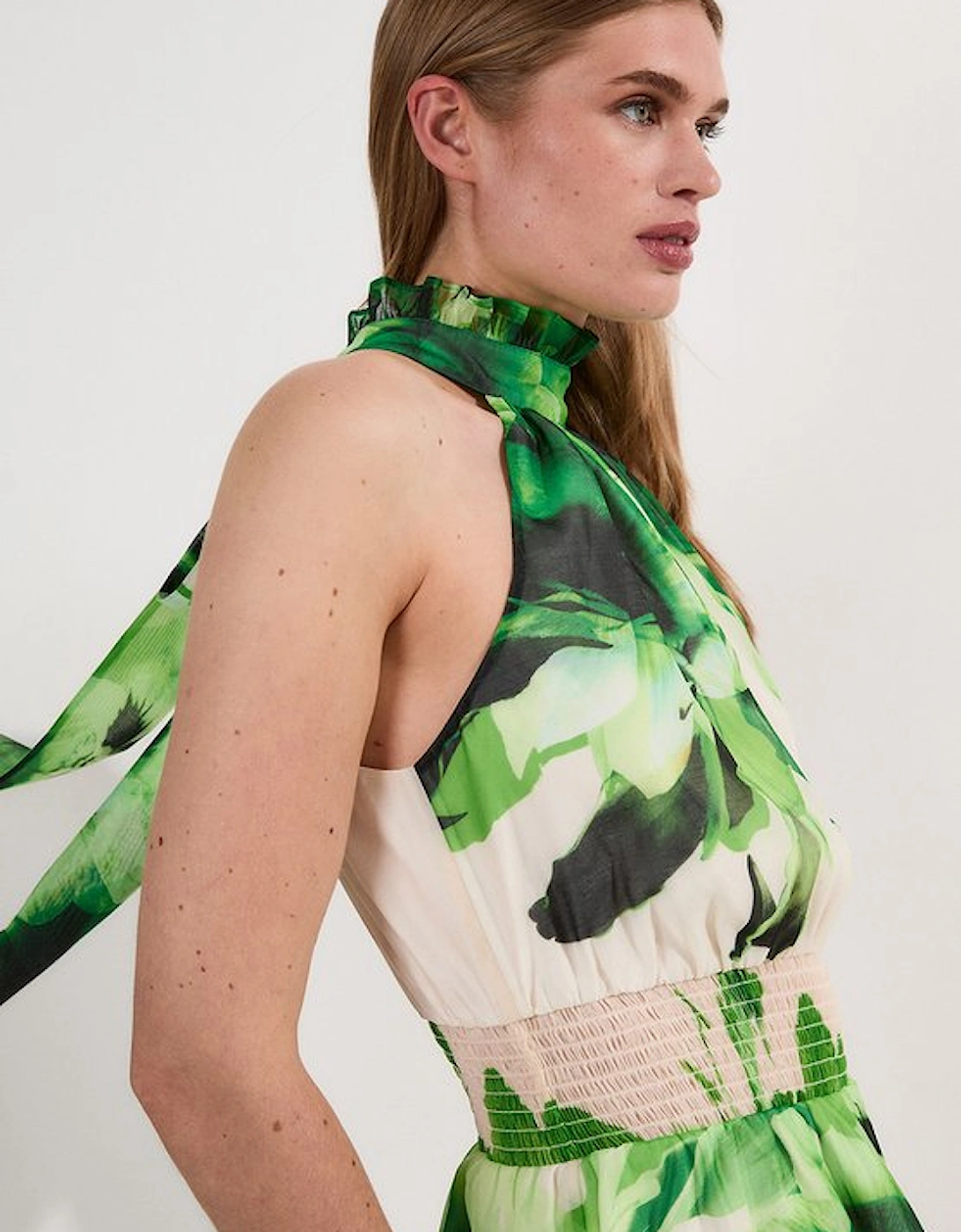 Petite Floral Organdie Woven Belted Halterneck Maxi Dress