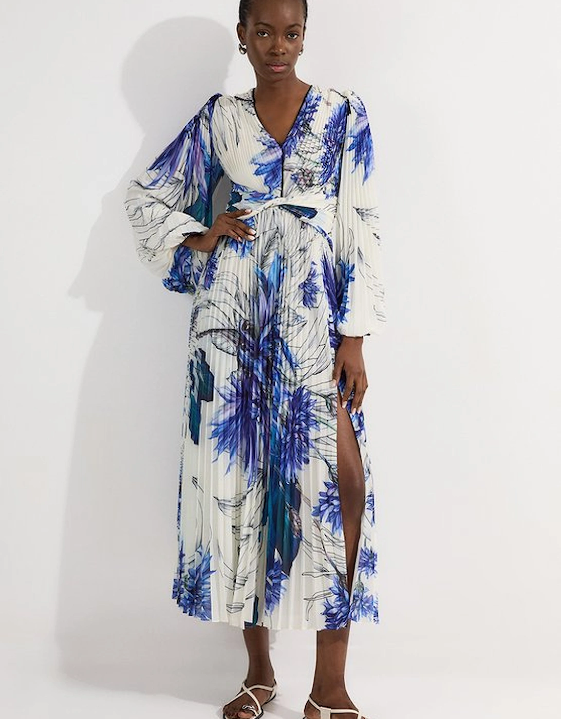 Floral Balloon Sleeve Pleated Crinkle Cut Out Woven Maxi Dress, 5 of 4