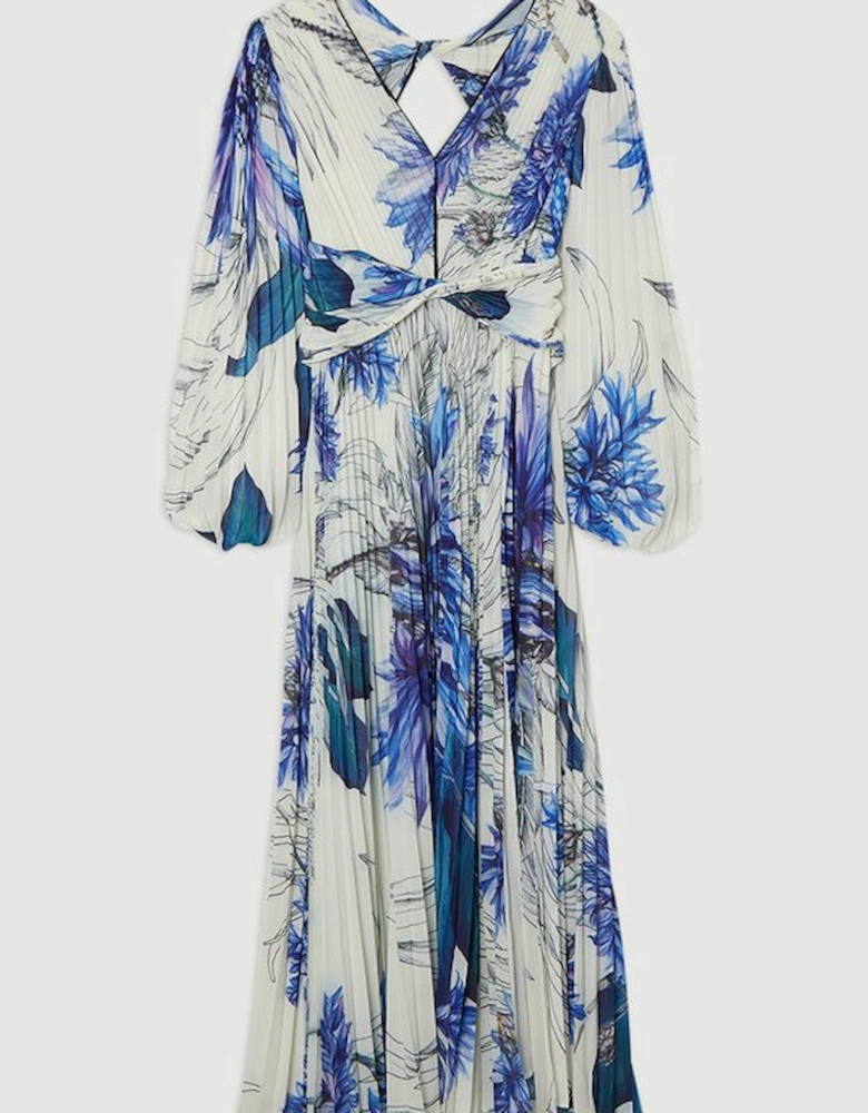 Floral Balloon Sleeve Pleated Crinkle Cut Out Woven Maxi Dress