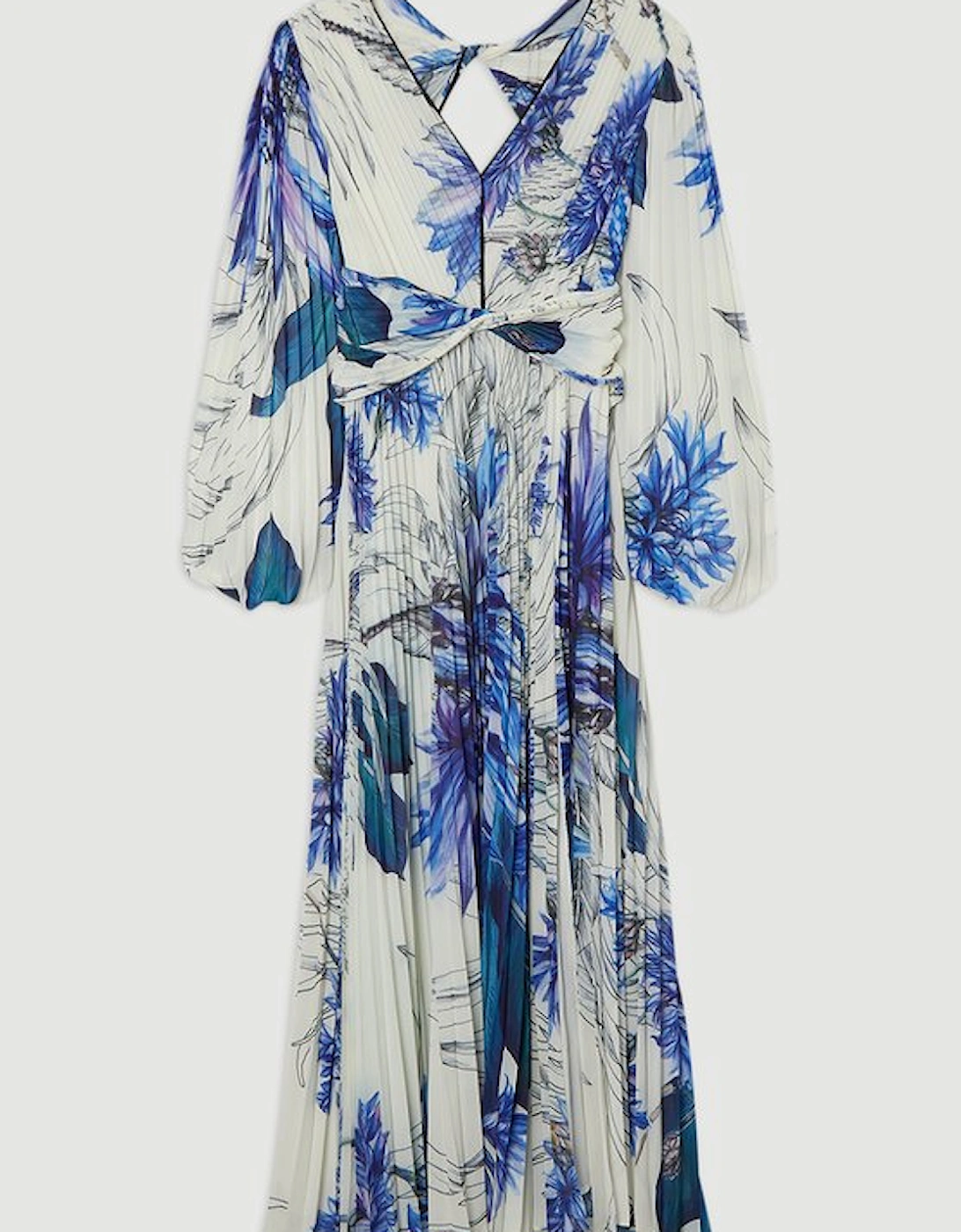 Floral Balloon Sleeve Pleated Crinkle Cut Out Woven Maxi Dress
