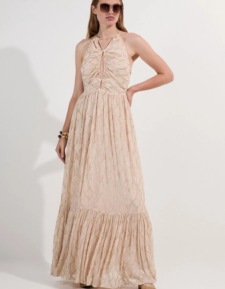 Viscose Metallic Georgette Halter Woven Maxi Dress