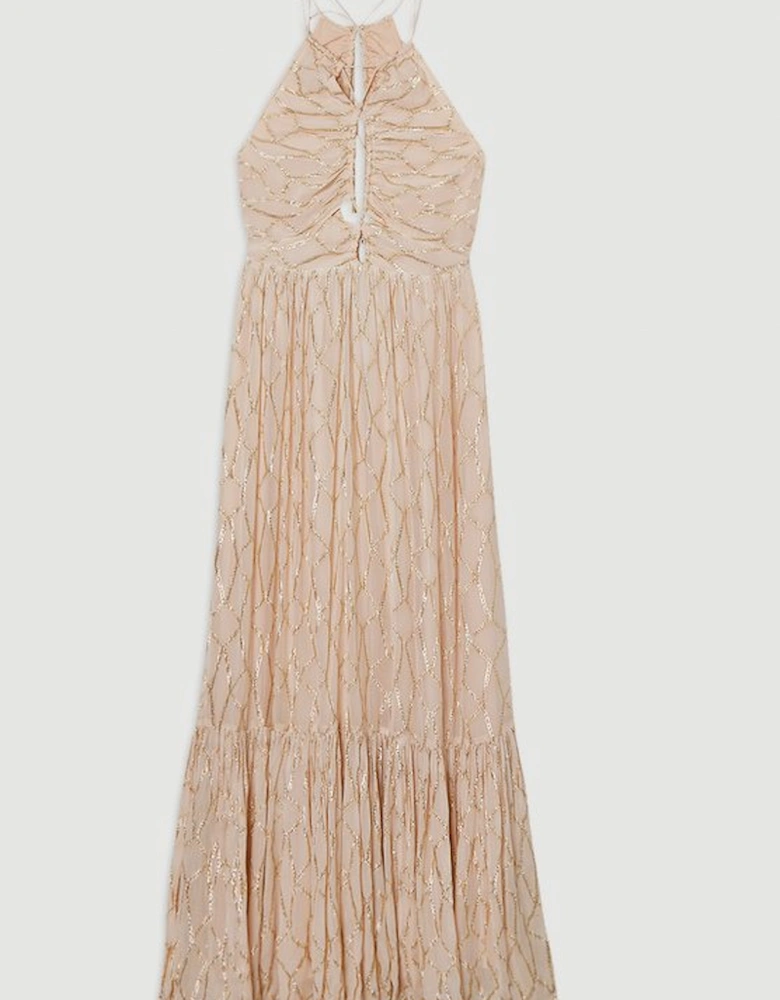 Viscose Metallic Georgette Halter Woven Maxi Dress