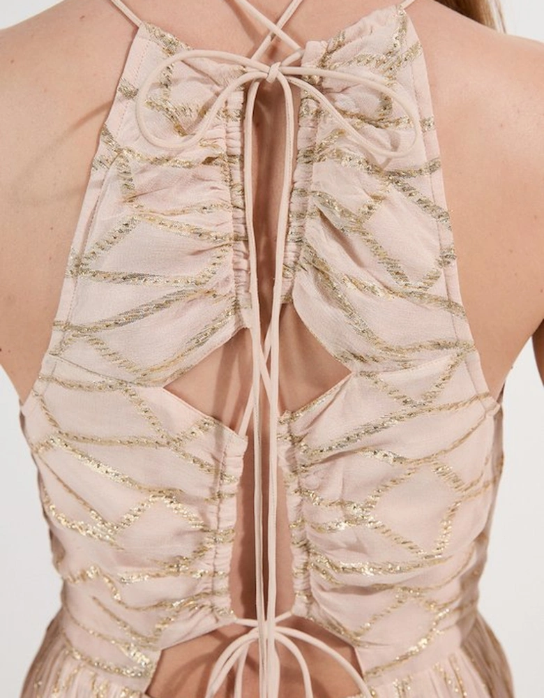 Viscose Metallic Georgette Halter Woven Maxi Dress