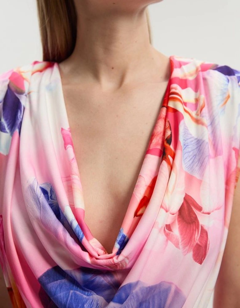 Tall Floral Printed Drapey Jersey Cowl Neck Wide Leg Jumpsuit