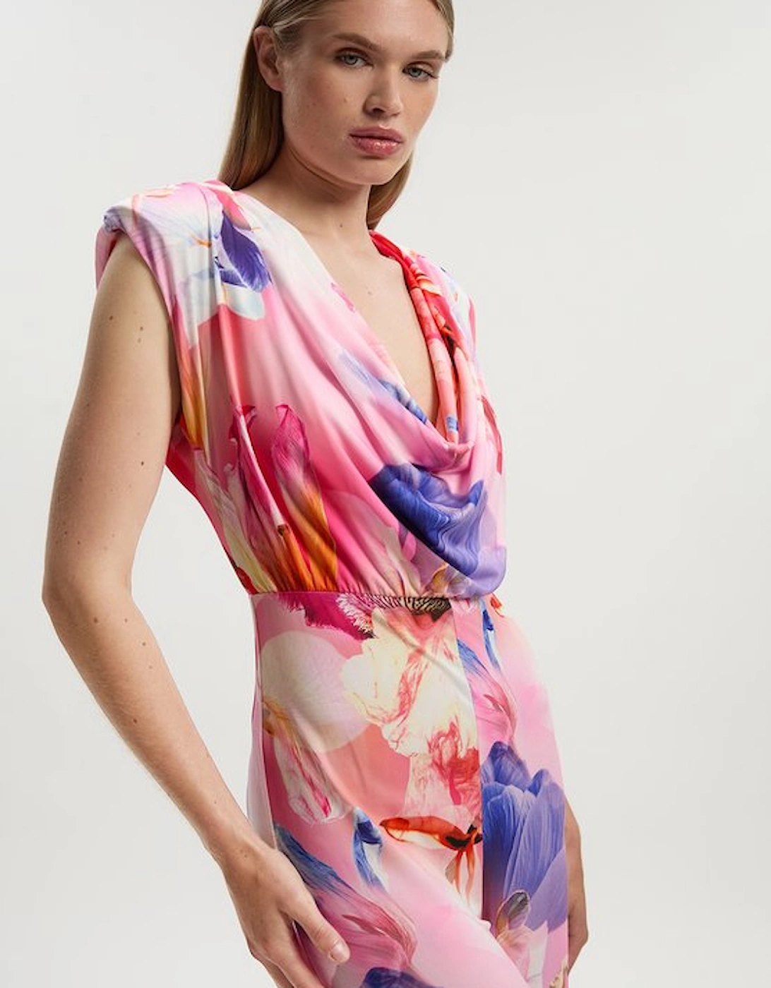 Tall Floral Printed Drapey Jersey Cowl Neck Wide Leg Jumpsuit