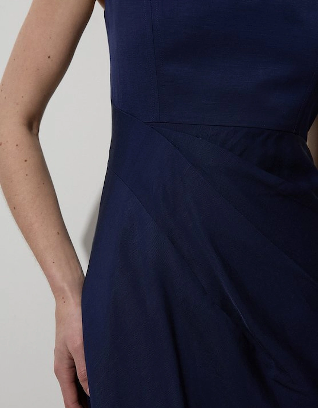 Tailored Viscose Linen Strappy Pleat Detail Midaxi Dress