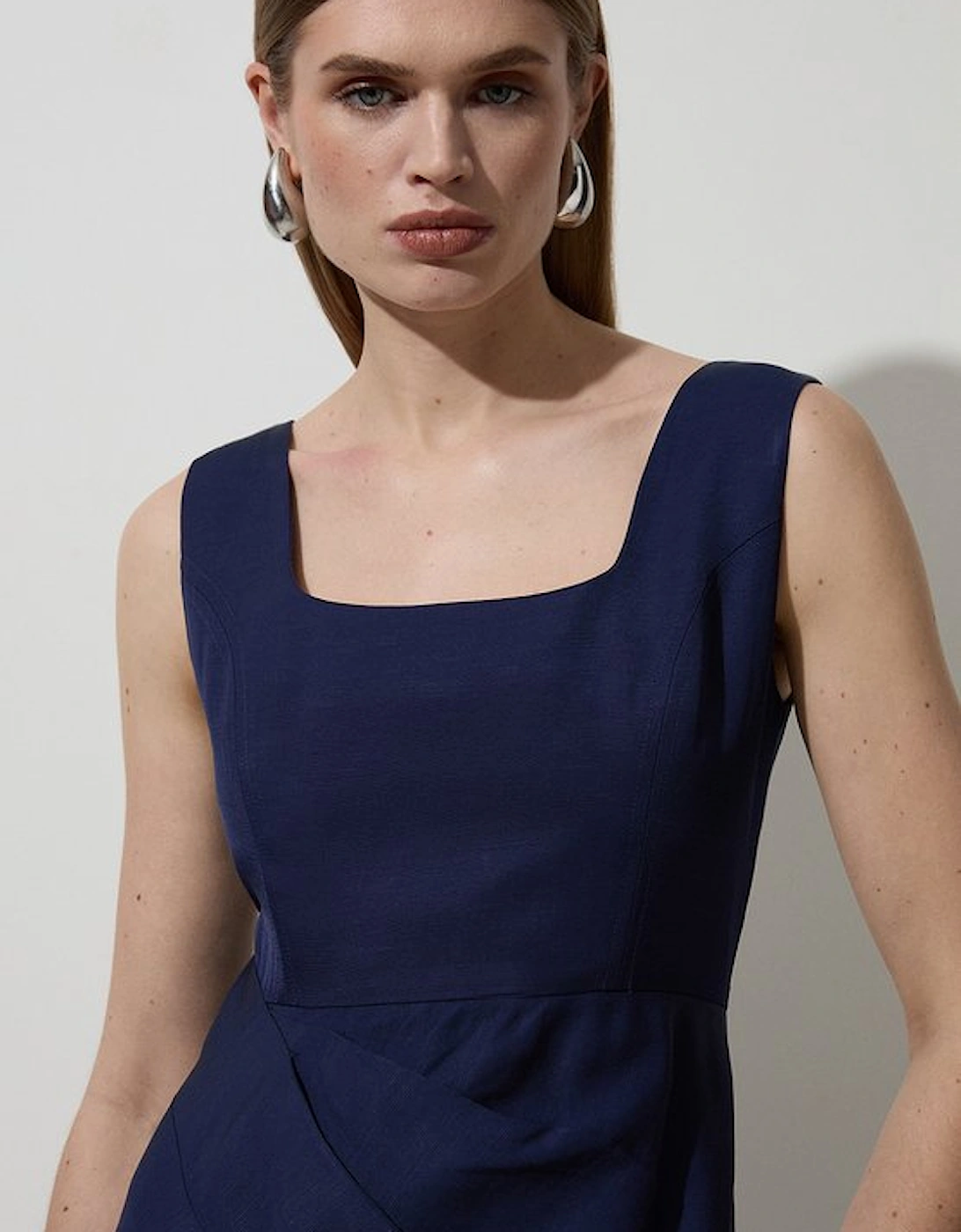 Tailored Viscose Linen Strappy Pleat Detail Midaxi Dress
