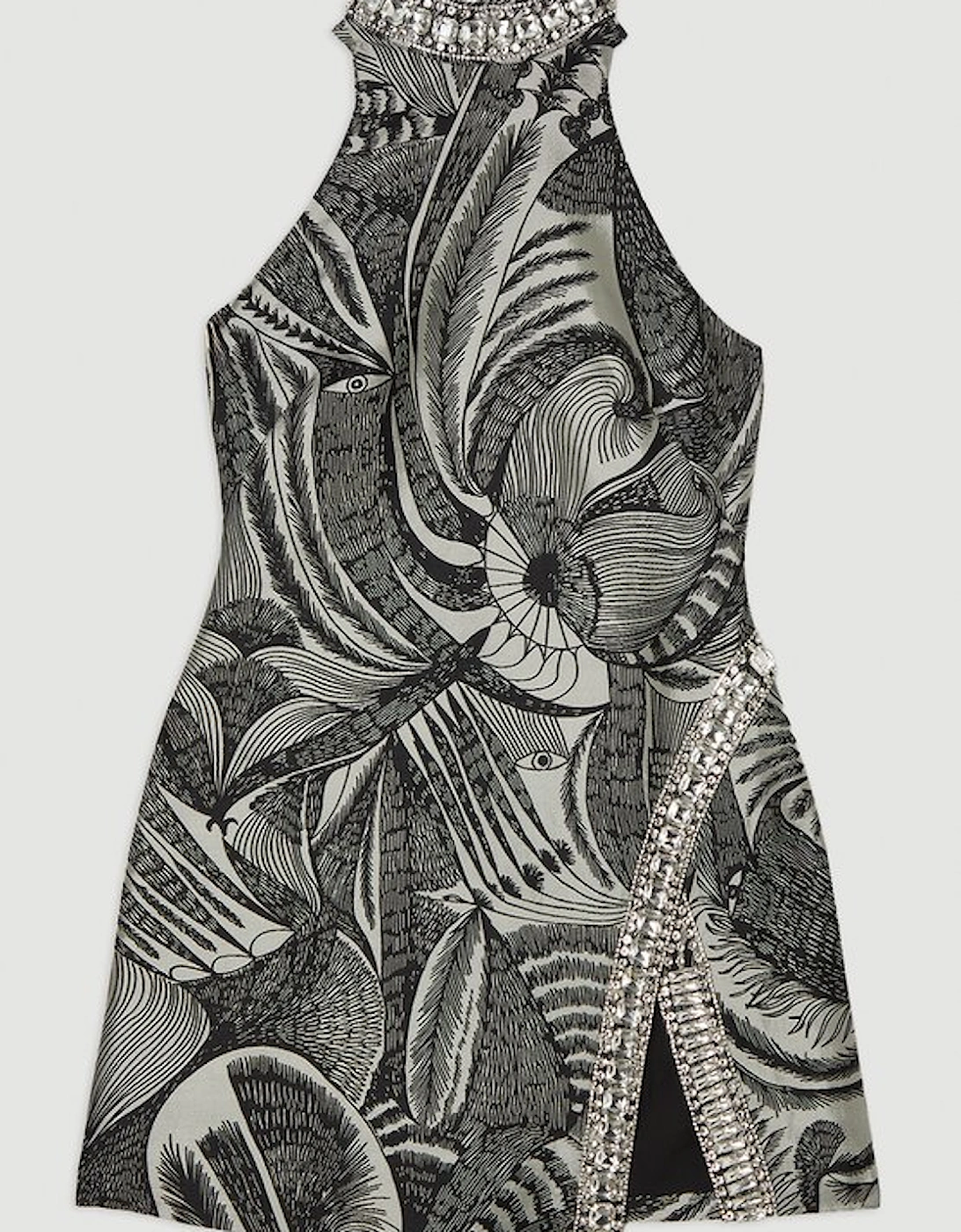 Crystal Embellished Jacquard Woven Thigh Split Mini Dress