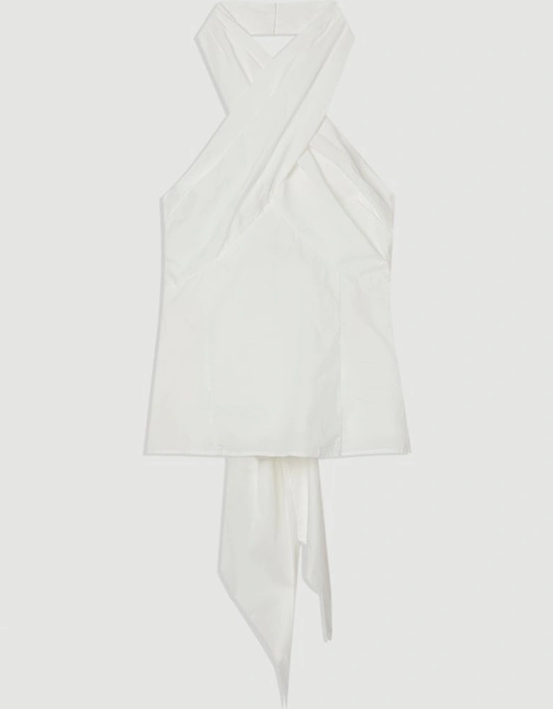 Cotton Poplin Cross Front Halter Neck Blouse With Bow Detail