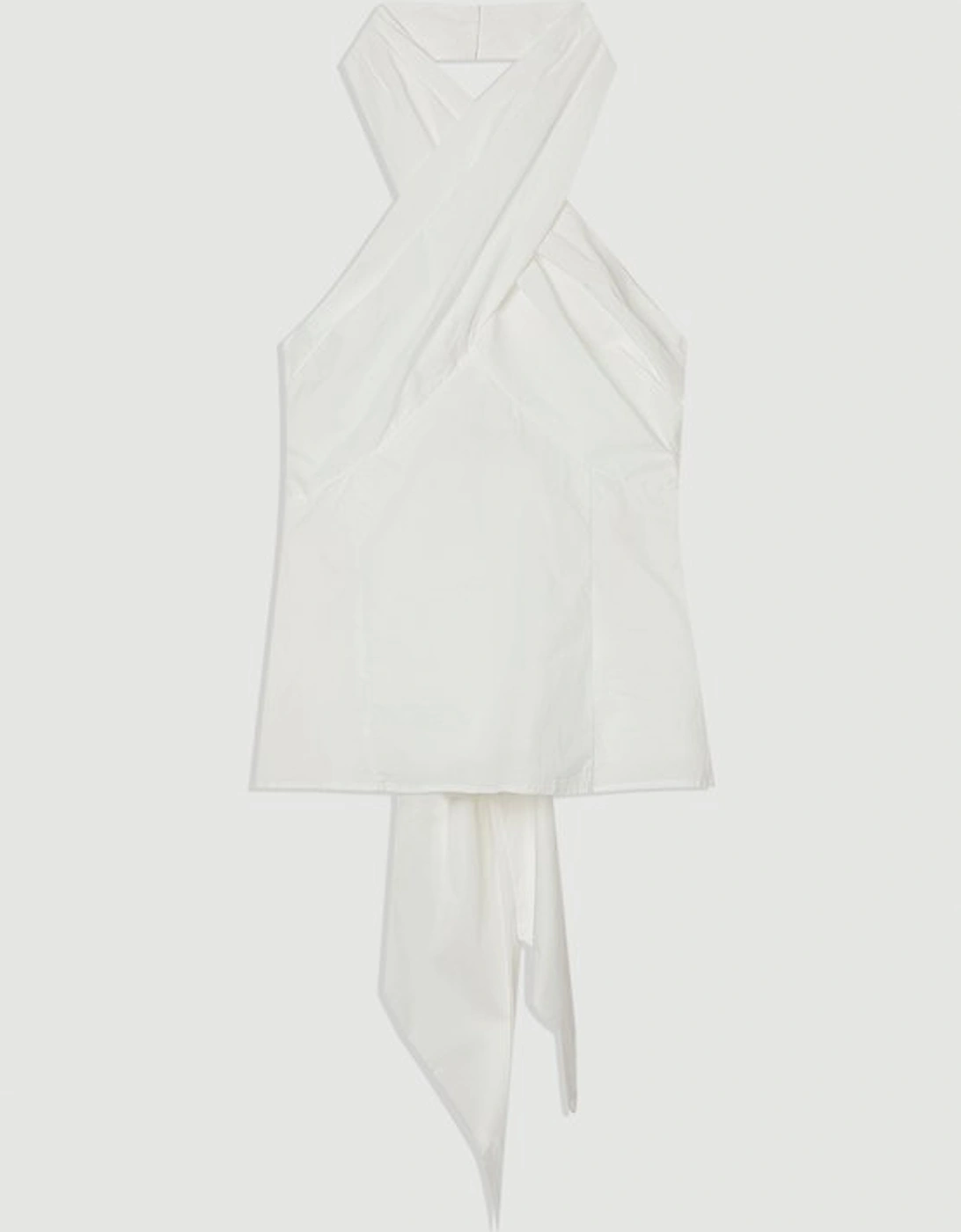 Cotton Poplin Cross Front Halter Neck Blouse With Bow Detail