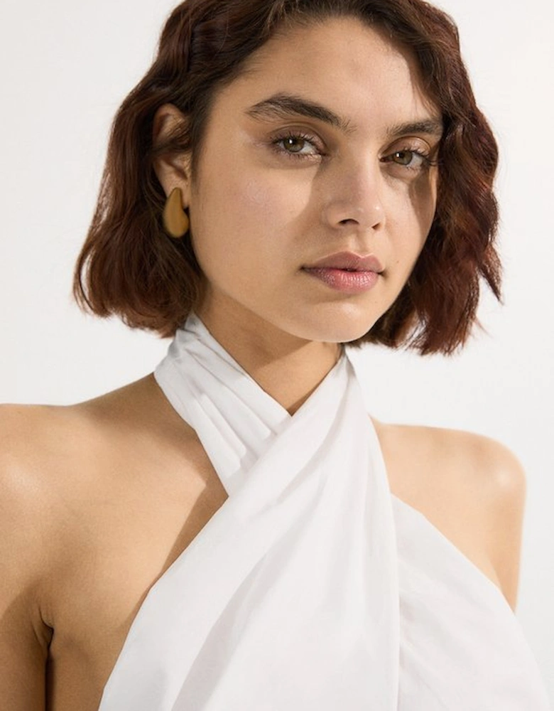 Cotton Poplin Cross Front Halter Neck Blouse With Bow Detail
