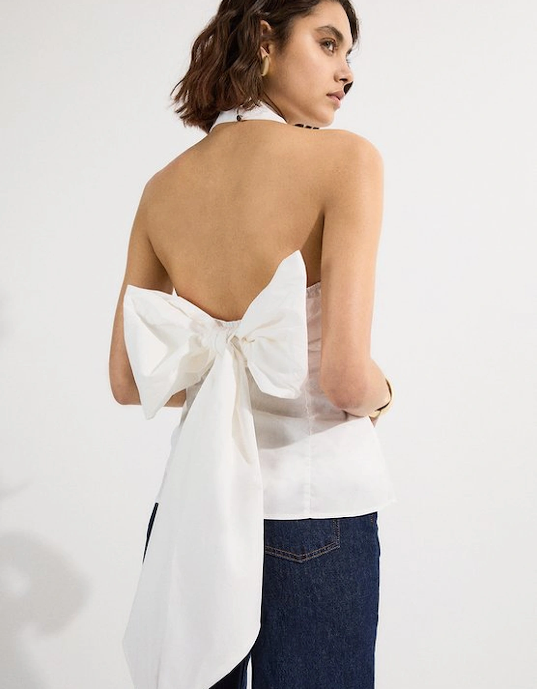 Cotton Poplin Cross Front Halter Neck Blouse With Bow Detail, 5 of 4