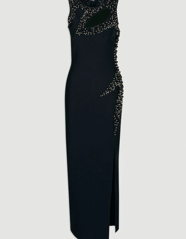 Embellished Figure Form Bandage Sleeveless Knit Maxi Dress