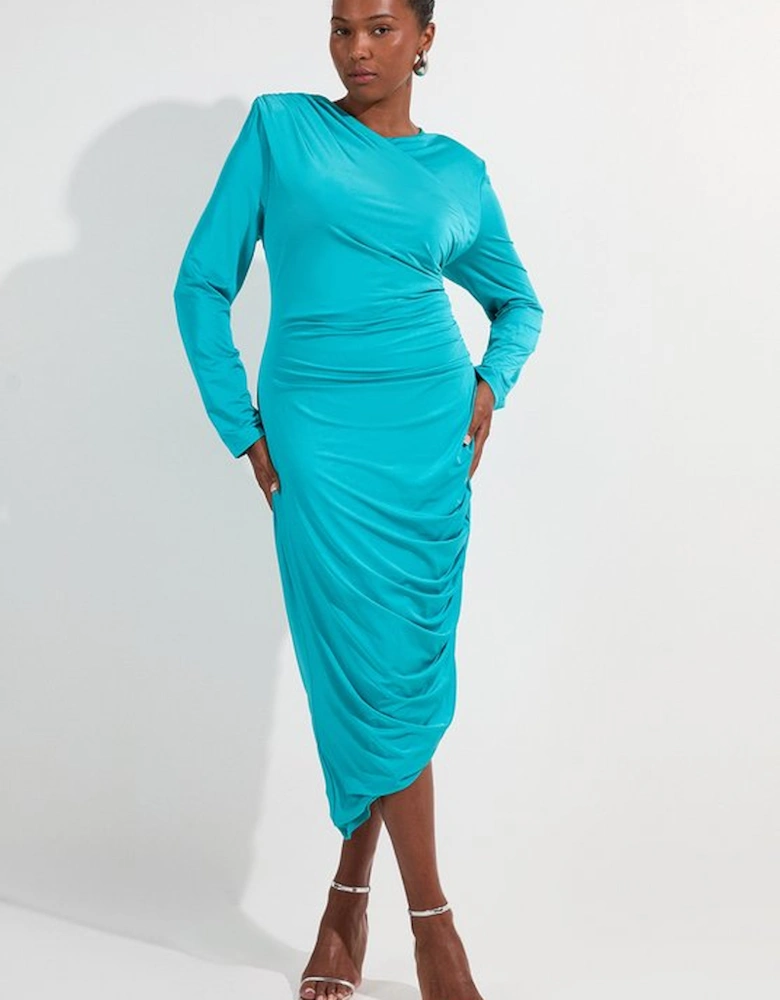 Plus Size Jersey Crepe Ruched Long Sleeve Maxi Dress