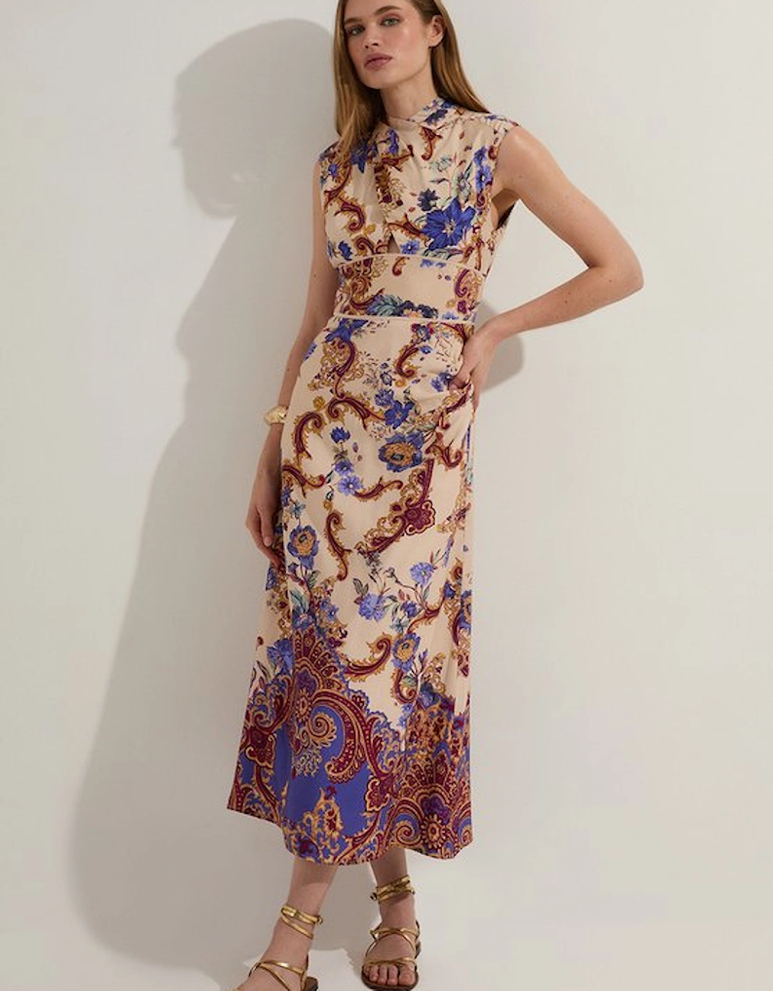 Premium Viscose Linen Paisley Border Print Woven Midi Dress, 5 of 4