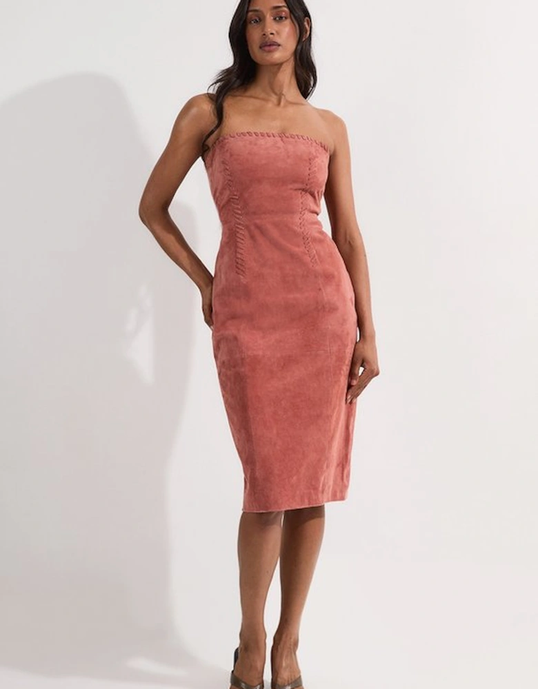 Suede Whipstitch Detail Bandeau Midi Dress