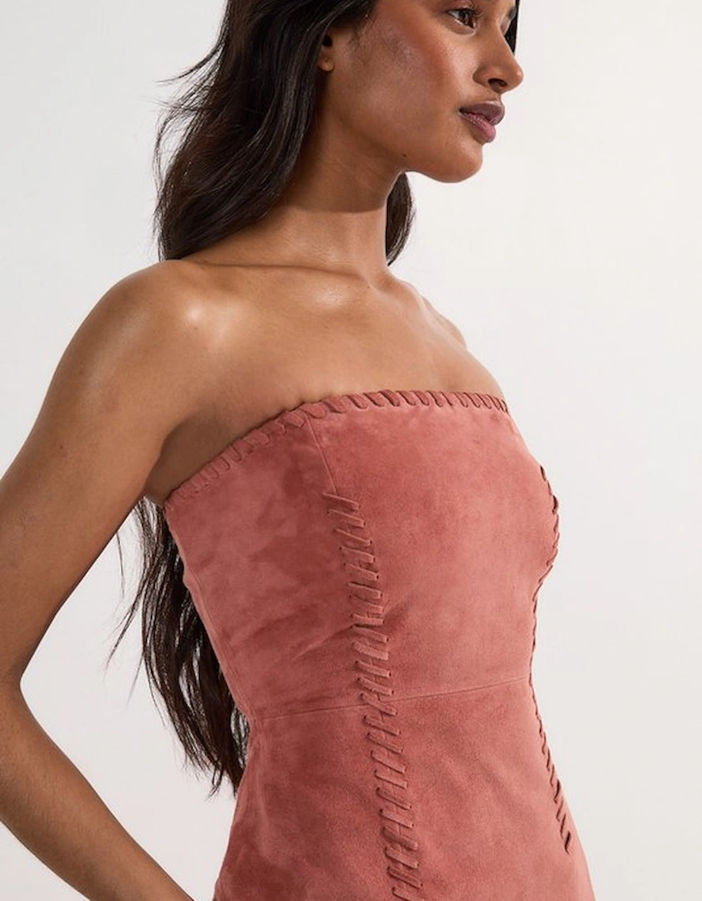 Suede Whipstitch Detail Bandeau Midi Dress