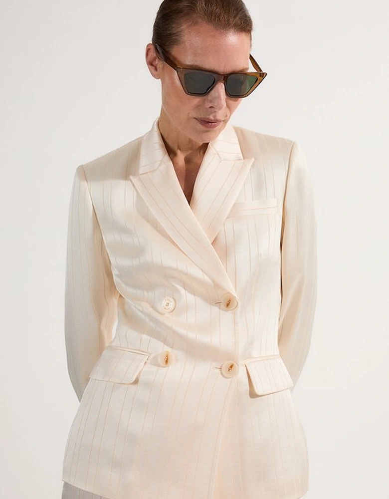 Petite Premium Satin Pinstripe Tuxedo Oversized Tailored Blazer